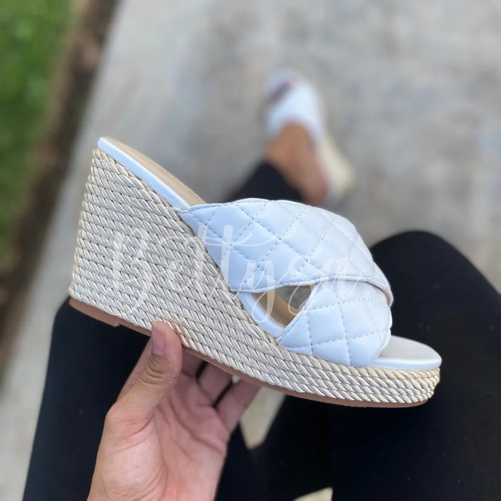 White Woven Platform Wedge Slide